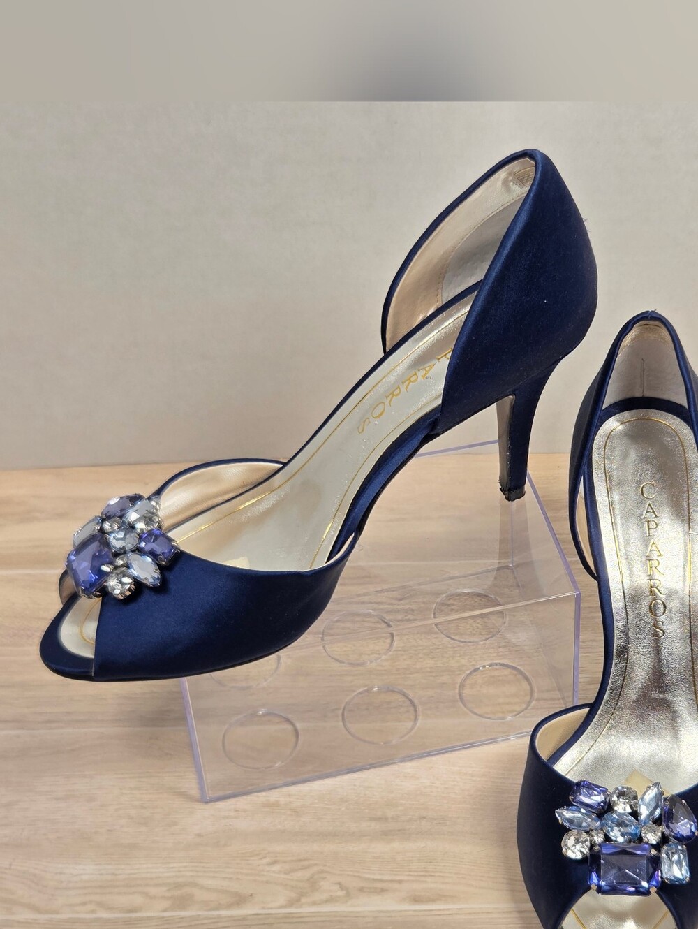 Caparros Veranda Navy Blue Satin Peep Toe Heels Womens 8 Evening Shoes Jewels